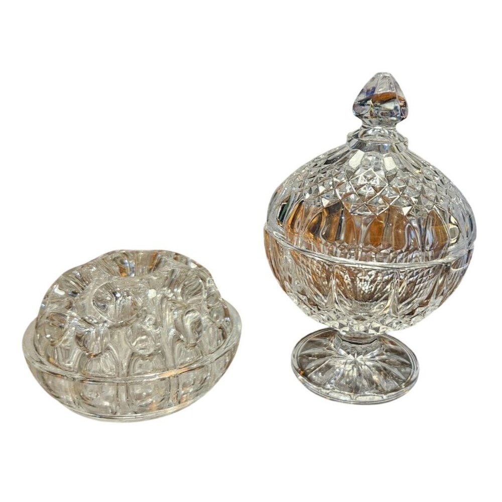 2 Vintage Glass flower Frog Clear & Candy Dish Faceted Lidded Footed